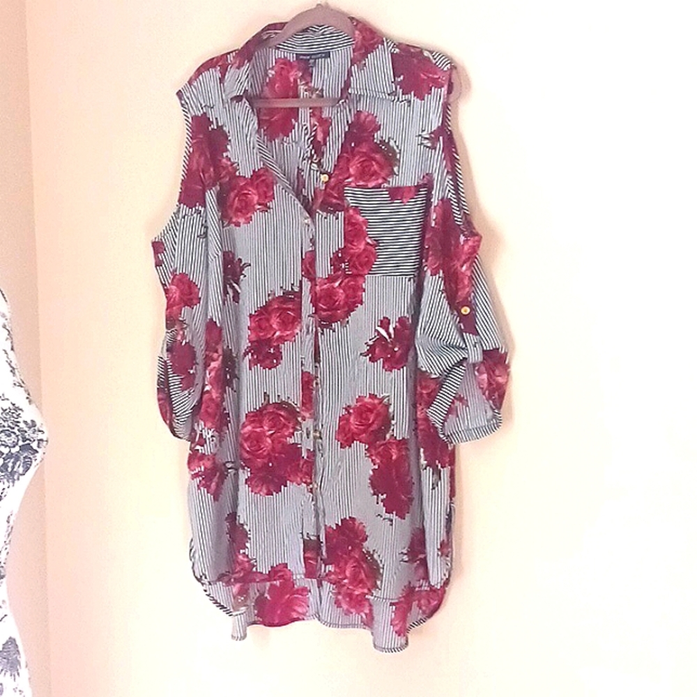New Glory Rose Floral print and black pin striped Blouse.